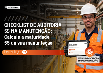 Profissional de manutenção usando capacete e colete refletivo segura um tablet com a calculadora de maturidade 5S. Na imagem, destaca-se o texto 