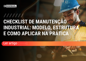 Checklist de manutenção industrial: técnico usando tablet em ambiente industrial com chamada para modelo e estrutura prática