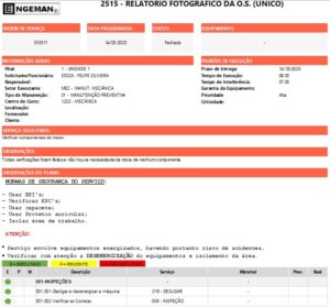 Relatório fotográfico da ordem de serviço no software de manutenção Engeman