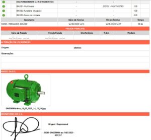 Relatório de ordem de serviço no Engeman com anexo do equipamento, controle de parada e assinatura do responsável
